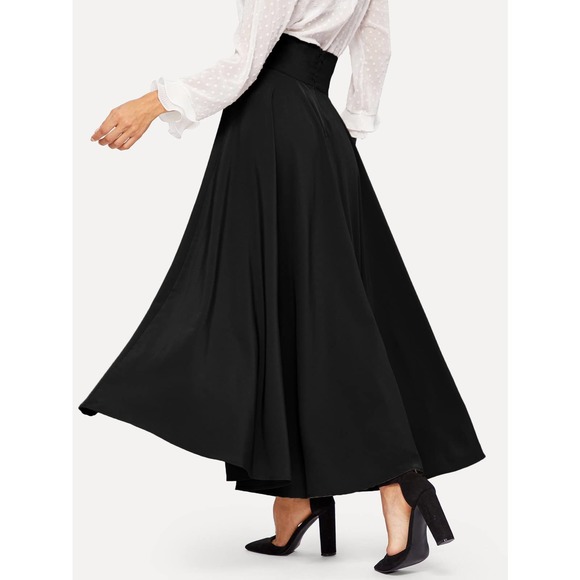 High Waist Zip Back Knotted Swing maxi Skirt black - Picture 2 of 11